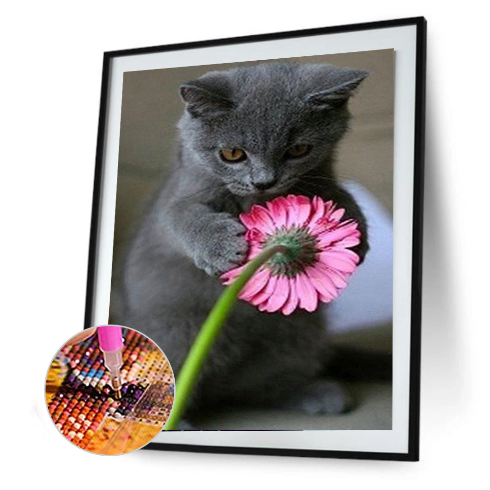 Cat Holding Flower - Full Square Drill Diamond Painting 30*40CM