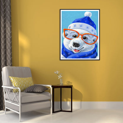 Polar Bear With Blue Hat - Full Round Drill Diamond Painting 30*40CM