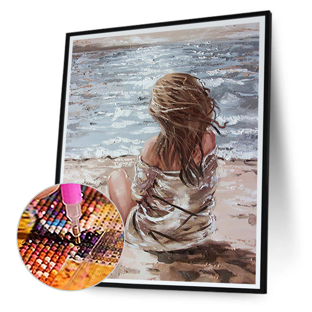 Girl Sitting On The Beach 40*50CM(Canvas) Full Round Drill Diamond Painting