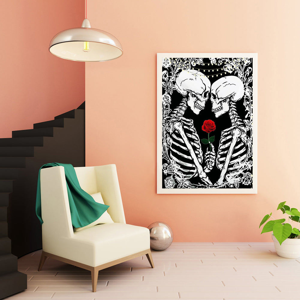 Red Rose Couple Skull - Full Round Drill Diamond Painting 30*40CM