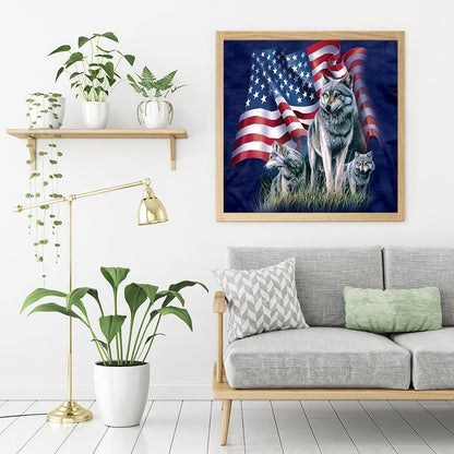 American Flag Wolf 30*30CM(Canvas) Full Square Drill Diamond Painting