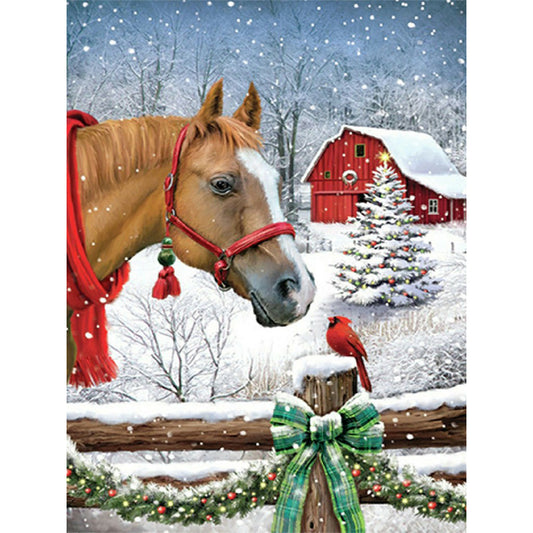 Christmas Snow Scene With Horses - Full Square Drill Diamond Painting 30*40CM