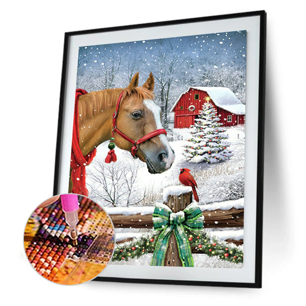 Christmas Snow Scene With Horses 30*40CM(Canvas) Full Square Drill Diamond Painting