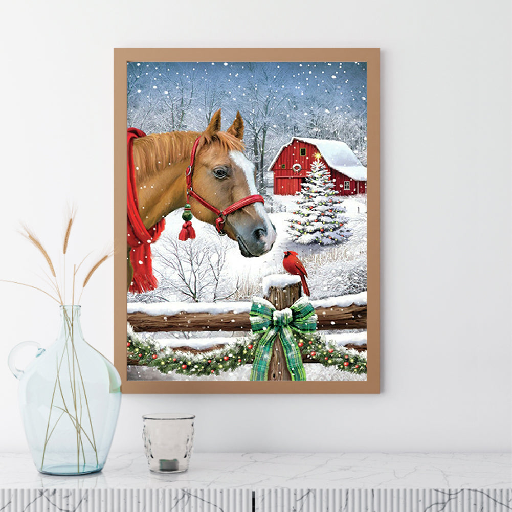 Christmas Snow Scene With Horses 30*40CM(Canvas) Full Square Drill Diamond Painting