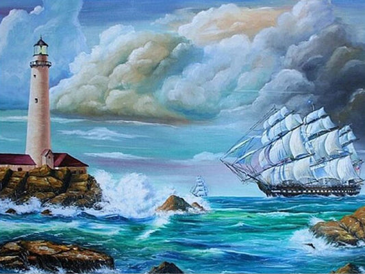 Sailboat And Lighthouse At Sea 50*40CM(Canvas) Full Square Drill Diamond Painting
