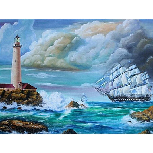 Sailboat And Lighthouse At Sea - Full Square Drill Diamond Painting 50*40CM