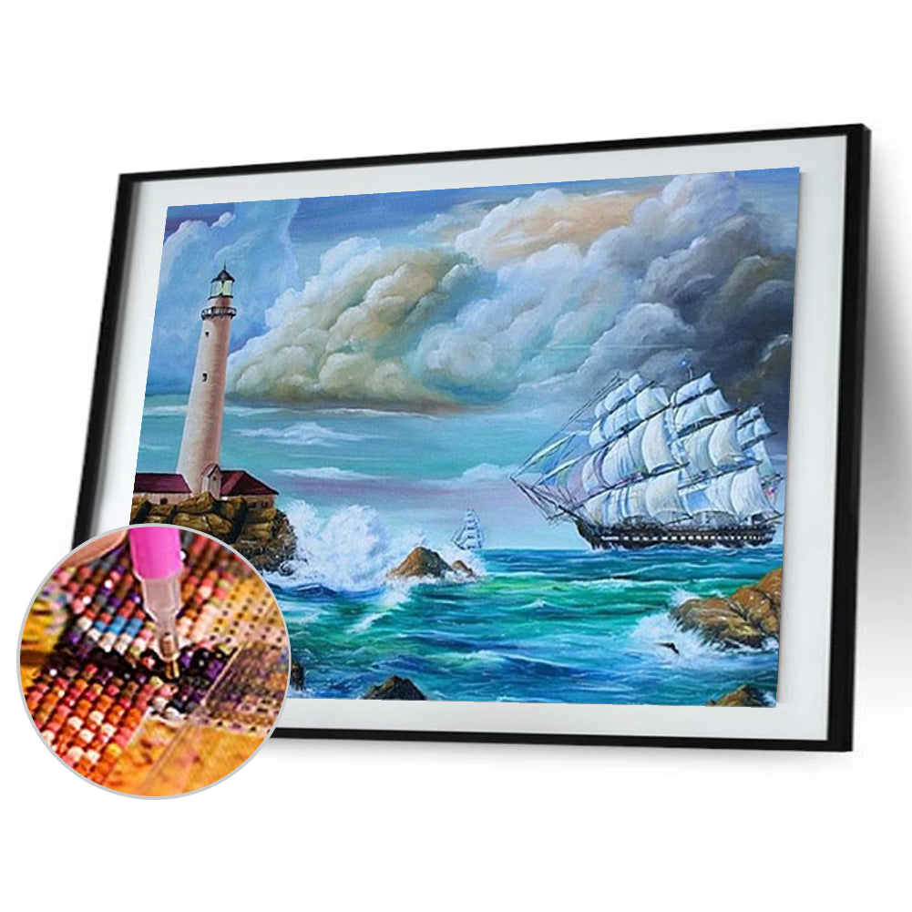 Sailboat And Lighthouse At Sea - Full Square Drill Diamond Painting 50*40CM