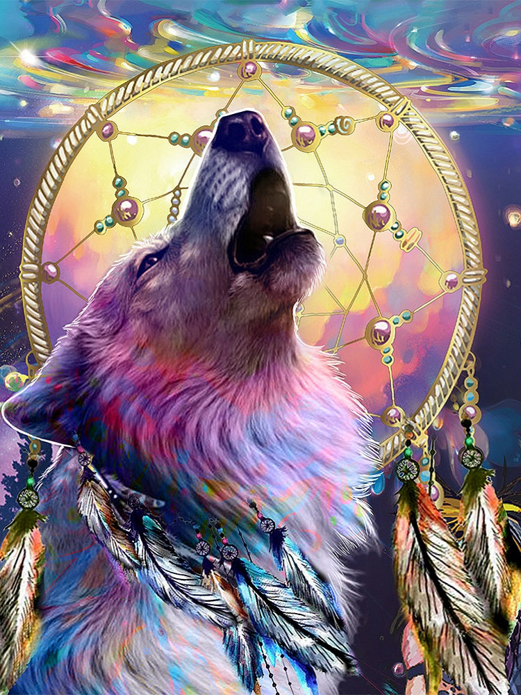 Wolf Howling Dream Catcher 40*50CM(Canvas) Full Round Drill Diamond Painting