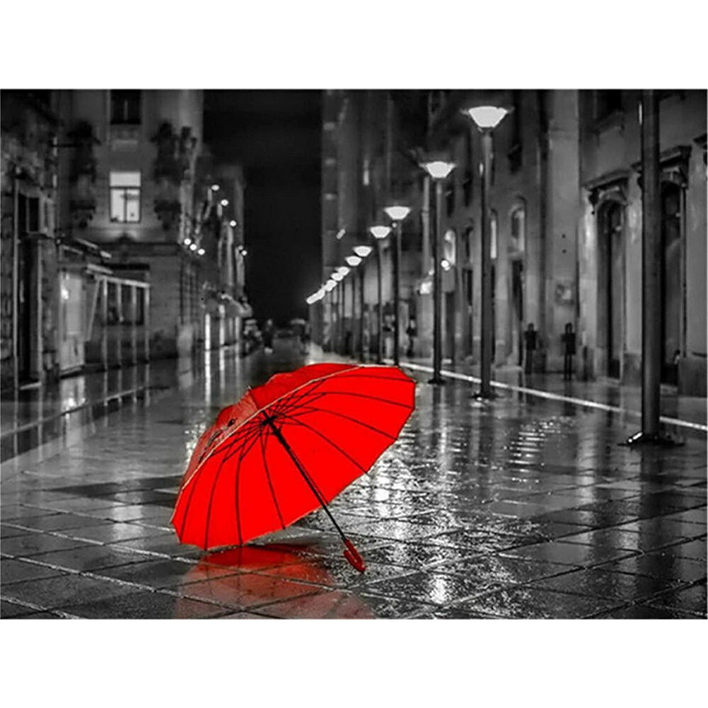 Red Umbrella On The Rainy Night Street - Full Round Drill Diamond Painting 40*30CM