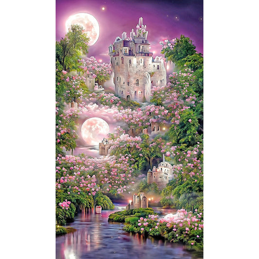 Pink Rose Castle Under The Moon - Full Round Drill Diamond Painting 40*70CM