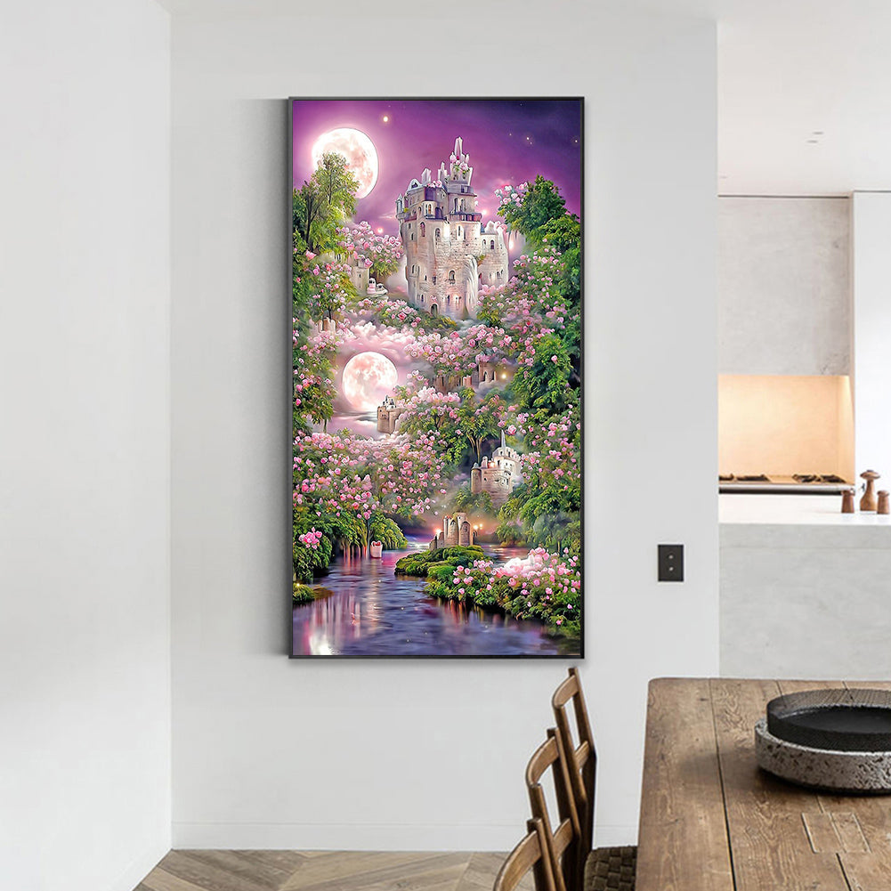 Pink Rose Castle Under The Moon 40*70CM(Canvas) Full Round Drill Diamond Painting