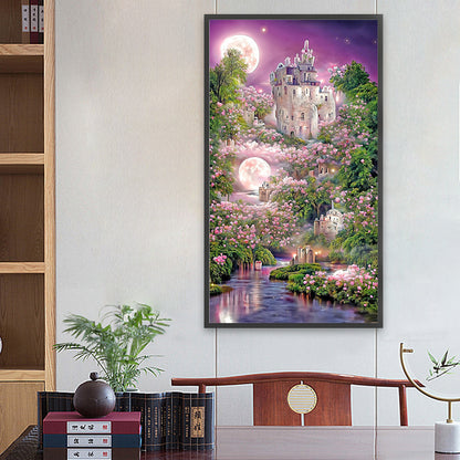 Pink Rose Castle Under The Moon - Full Round Drill Diamond Painting 40*70CM