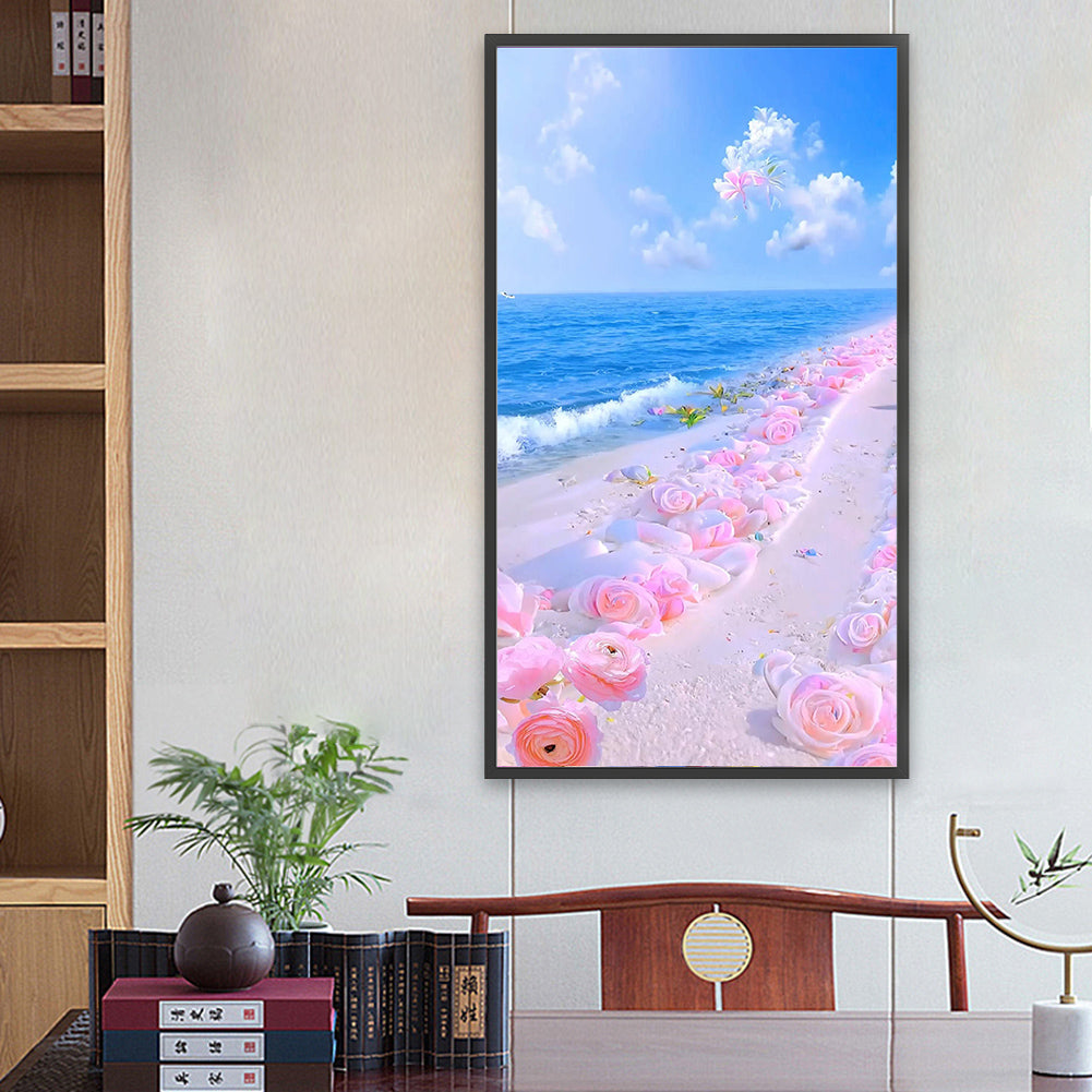 Pink Rose Beach 40*70CM(Canvas) Full Round Drill Diamond Painting