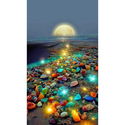 Glowing Colored Stones On The Seaside Under The Moon - Full Square Drill Diamond Painting 40*70CM