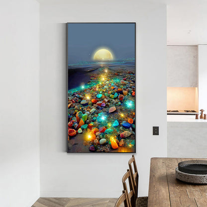 Glowing Colored Stones On The Seaside Under The Moon - Full Square Drill Diamond Painting 40*70CM