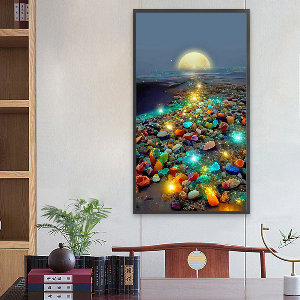 Glowing Colored Stones On The Seaside Under The Moon - Full Square Drill Diamond Painting 40*70CM