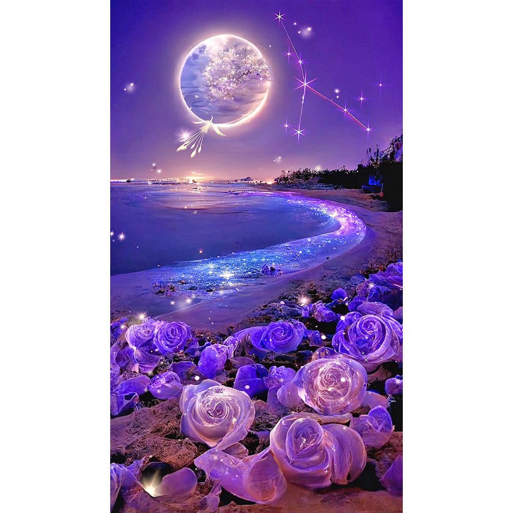 Purple Rose Beach Under The Dreamy Moon 40*70CM(Canvas) Full Square Drill Diamond Painting