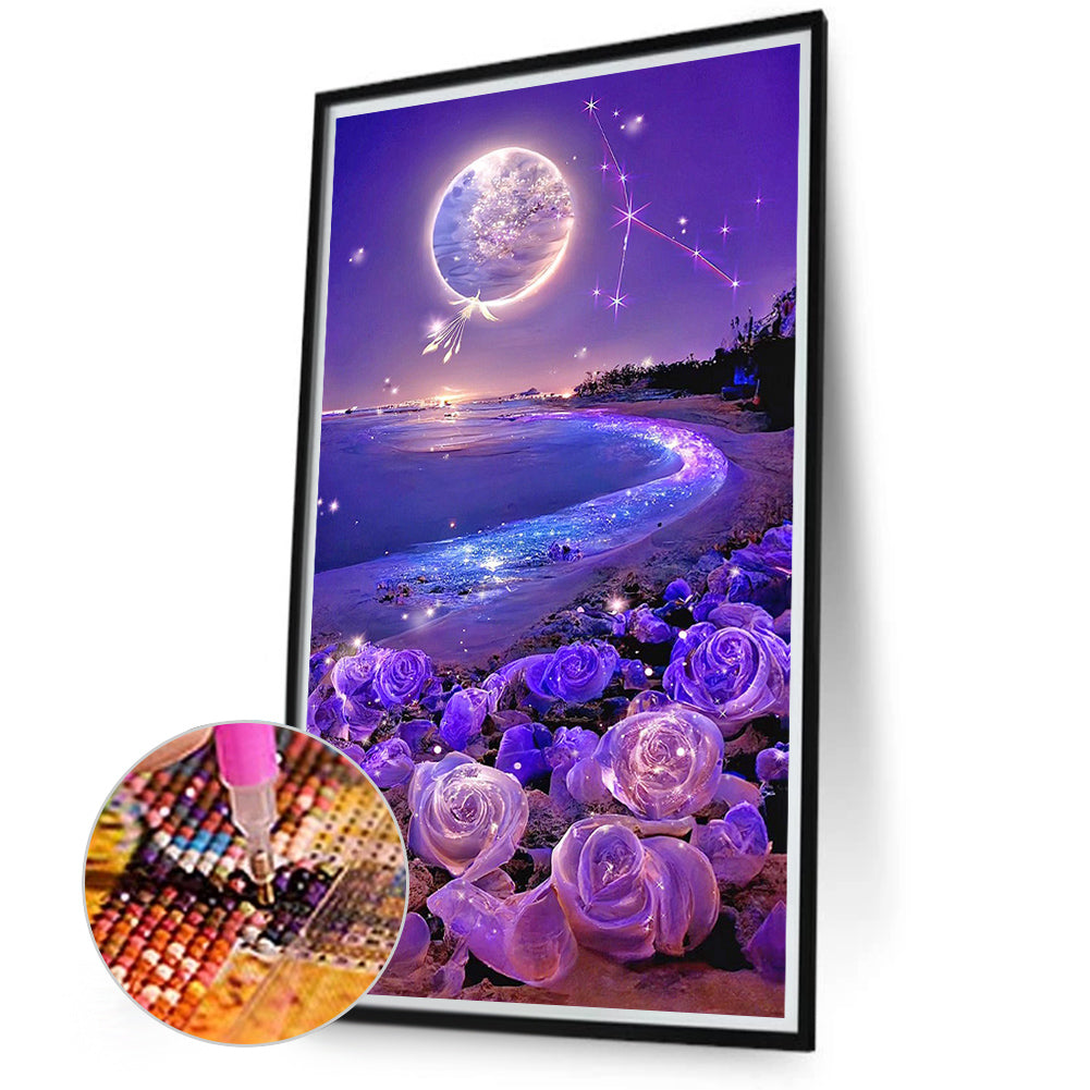 Purple Rose Beach Under The Dreamy Moon - Full Square Drill Diamond Painting 40*70CM