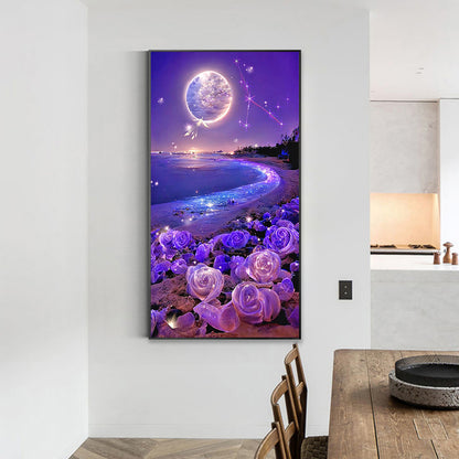 Purple Rose Beach Under The Dreamy Moon - Full Square Drill Diamond Painting 40*70CM