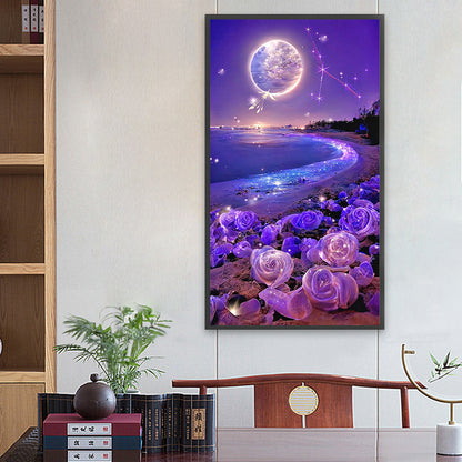 Purple Rose Beach Under The Dreamy Moon - Full Square Drill Diamond Painting 40*70CM