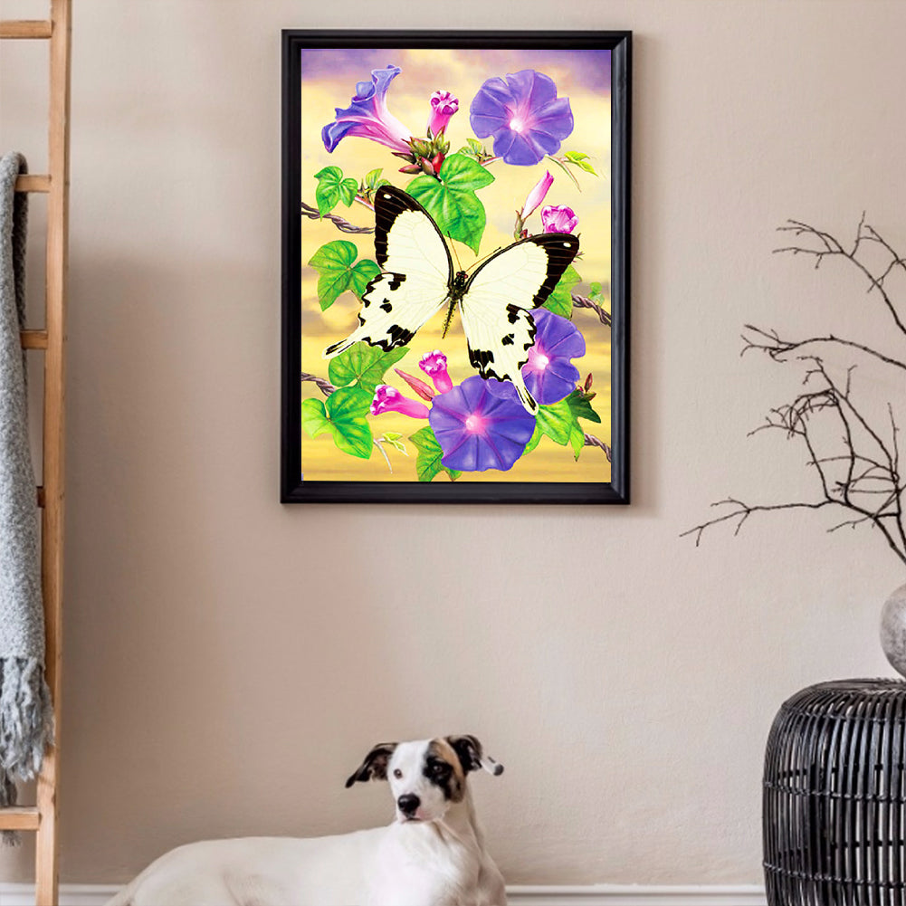 Morning Glory African White Swallowtail Butterfly 30*40CM(Canvas) Full Round Drill Diamond Painting