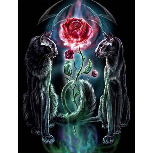 Rose Black Cat Guardian Beast 30*40CM(Canvas) Full Round Drill Diamond Painting