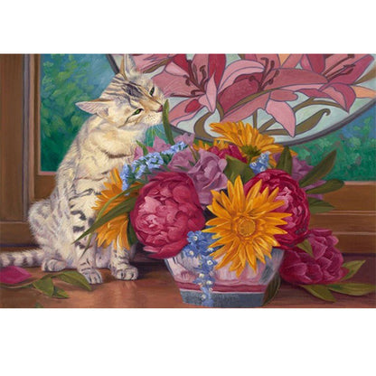 Playing With Flower Kittens - Full Round Drill Diamond Painting 40*30CM