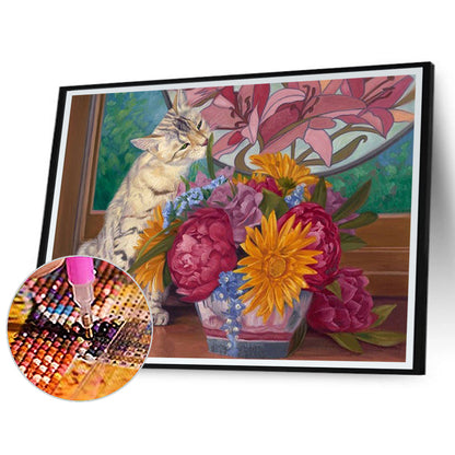 Playing With Flower Kittens 40*30CM(Canvas) Full Round Drill Diamond Painting