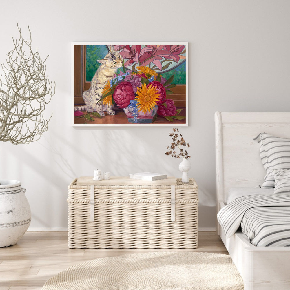 Playing With Flower Kittens 40*30CM(Canvas) Full Round Drill Diamond Painting