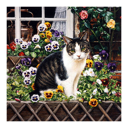 Cow Cat On Flower Stand 40*40CM(Canvas) Full Round Drill Diamond Painting