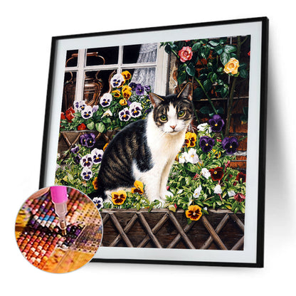 Cow Cat On Flower Stand 40*40CM(Canvas) Full Round Drill Diamond Painting