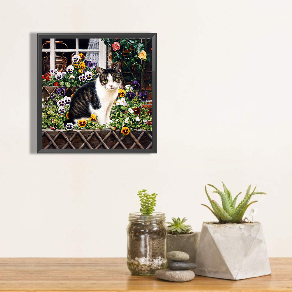 Cow Cat On Flower Stand 40*40CM(Canvas) Full Round Drill Diamond Painting