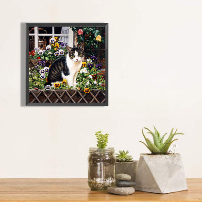 Cow Cat On Flower Stand 40*40CM(Canvas) Full Round Drill Diamond Painting
