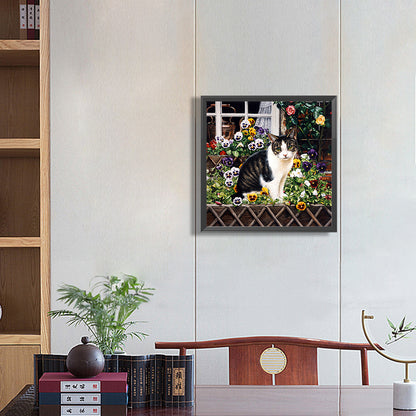 Cow Cat On Flower Stand 40*40CM(Canvas) Full Round Drill Diamond Painting