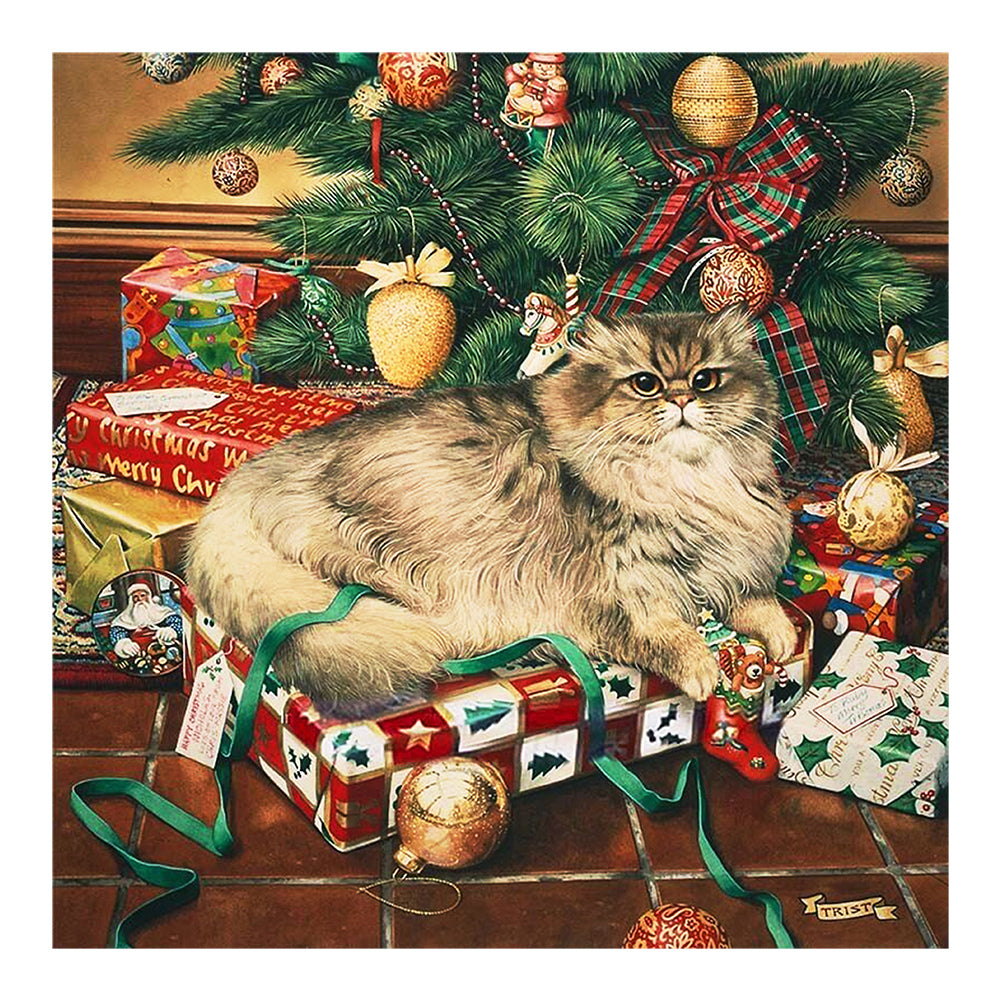 Persian Cat In Front Of The Christmas Tree 40*40CM(Canvas) Full Round Drill Diamond Painting