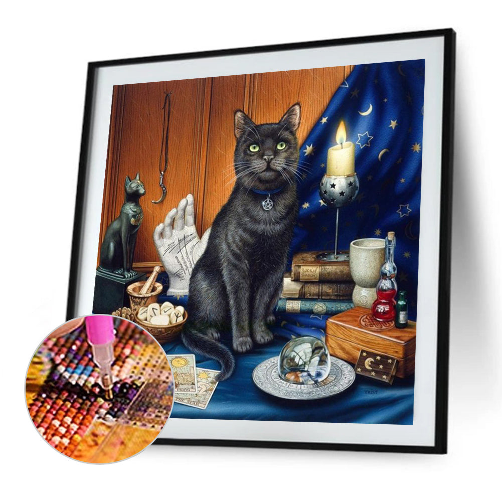 Black Cat On Desk 40*40CM(Canvas) Full Round Drill Diamond Painting