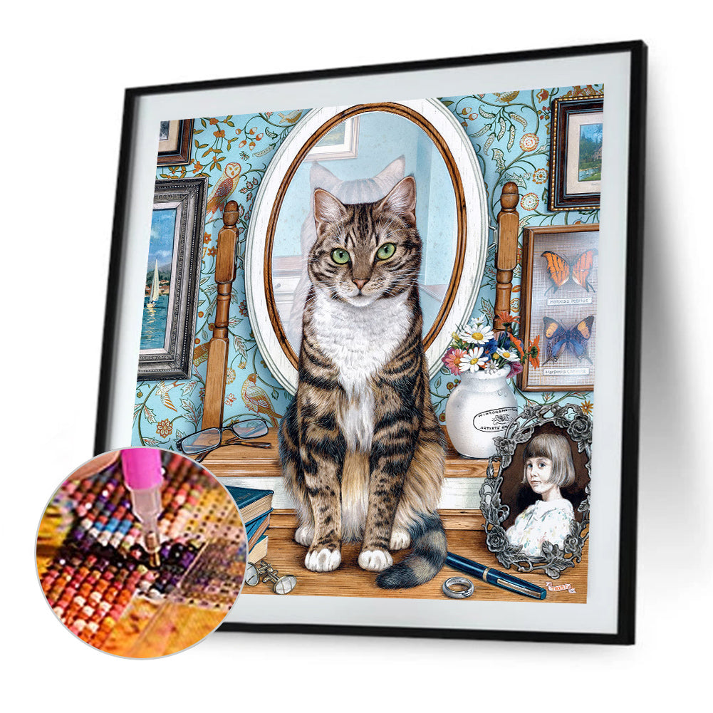 Cat In Front Of Mirror 40*40CM(Canvas) Full Round Drill Diamond Painting