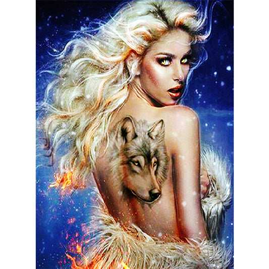 Wolf Tattoo Girl - Full Round Drill Diamond Painting 30*40CM