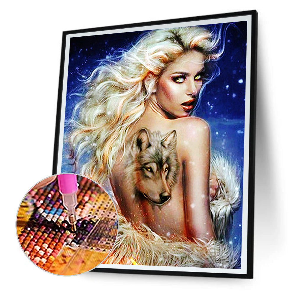 Wolf Tattoo Girl - Full Round Drill Diamond Painting 30*40CM