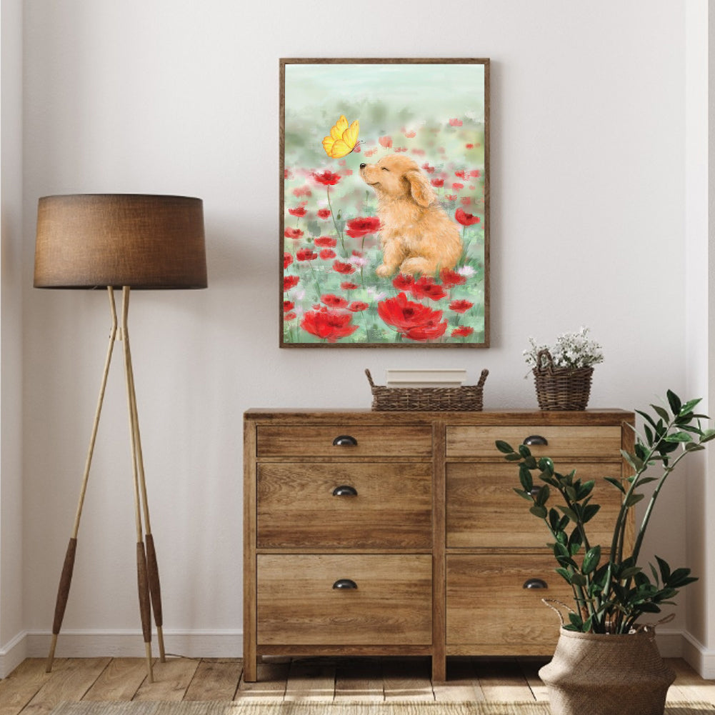 Puppy In The Flowers - Full Round Drill Diamond Painting 30*40CM