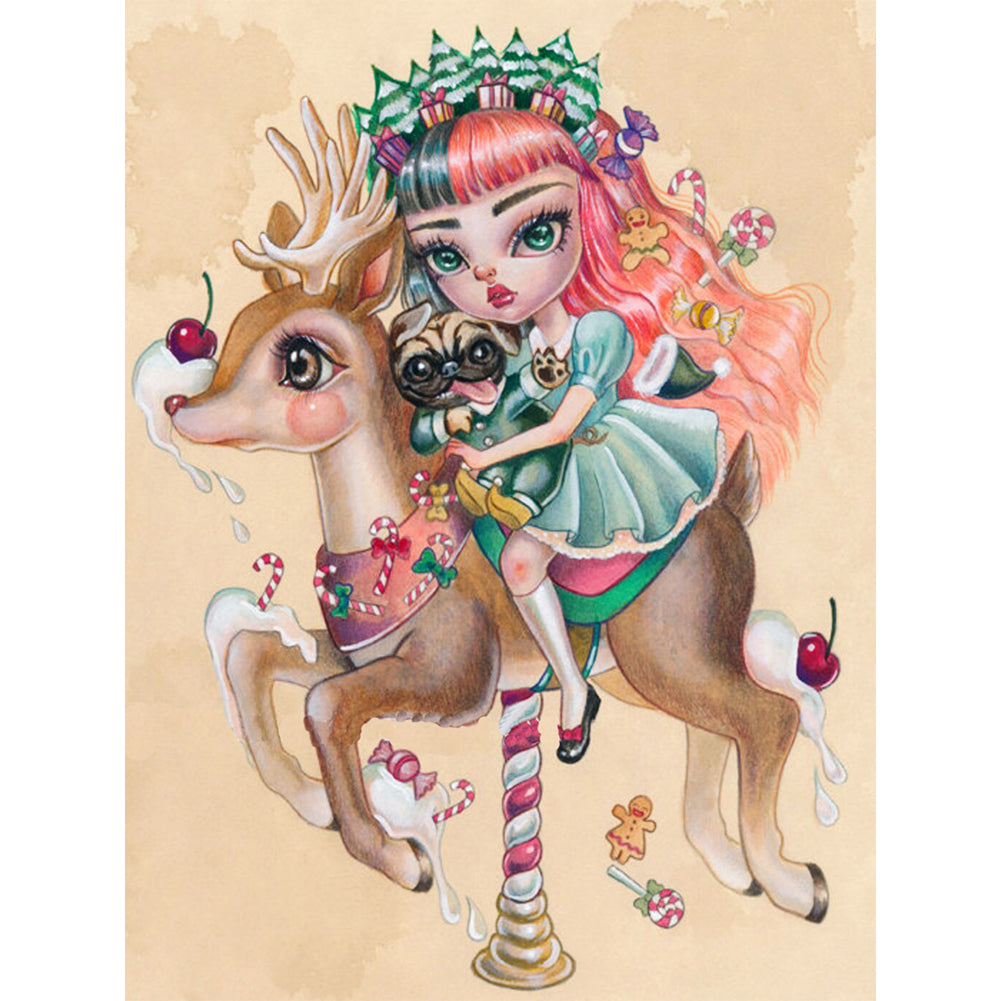 Cartoon Christmas Girl Riding A Deer - Full Round Drill Diamond Painting 30*40CM