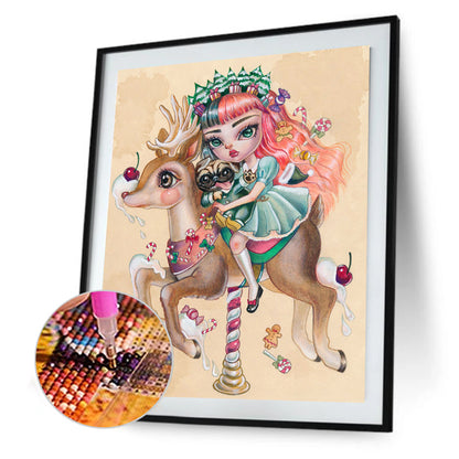 Cartoon Christmas Girl Riding A Deer - Full Round Drill Diamond Painting 30*40CM