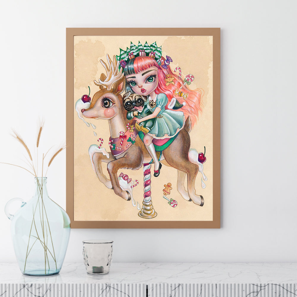 Cartoon Christmas Girl Riding A Deer - Full Round Drill Diamond Painting 30*40CM