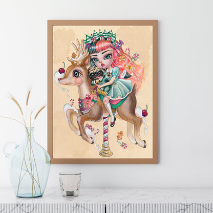 Cartoon Christmas Girl Riding A Deer - Full Round Drill Diamond Painting 30*40CM