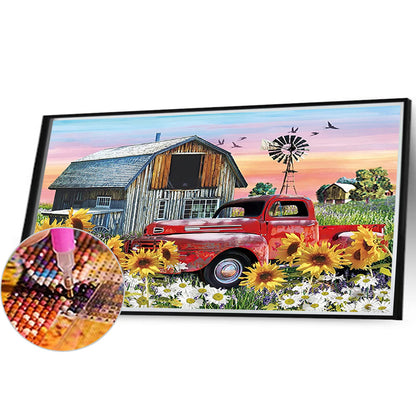 Sunflower Red Vintage Car - Full Round Drill Diamond Painting 40*30CM