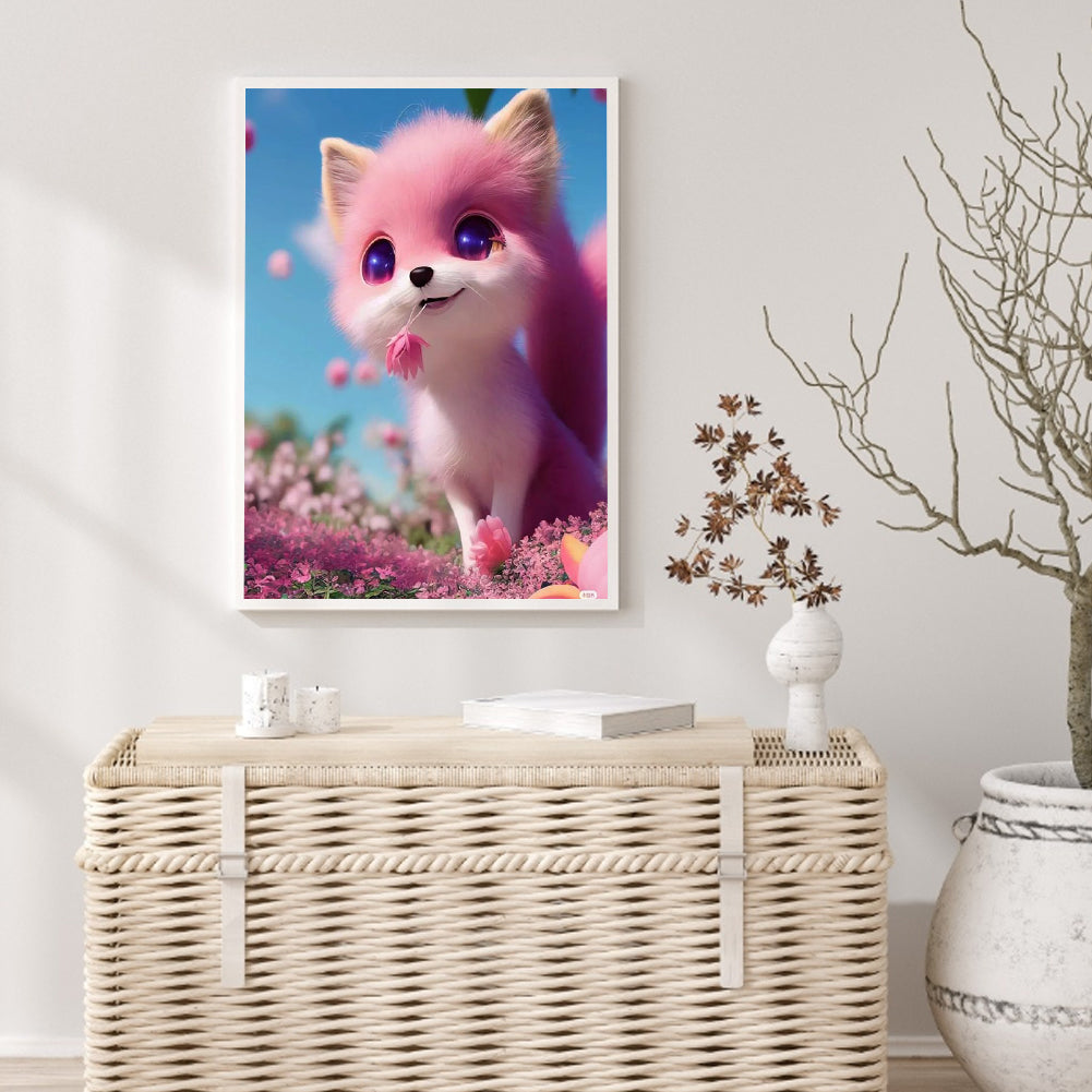 Cute Pink Little Fox - Full Round Drill Diamond Painting 30*40CM