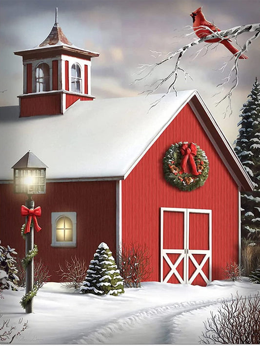 Christmas Red House With Nordic Cardinals - Full Round Drill Diamond Painting 30*40CM