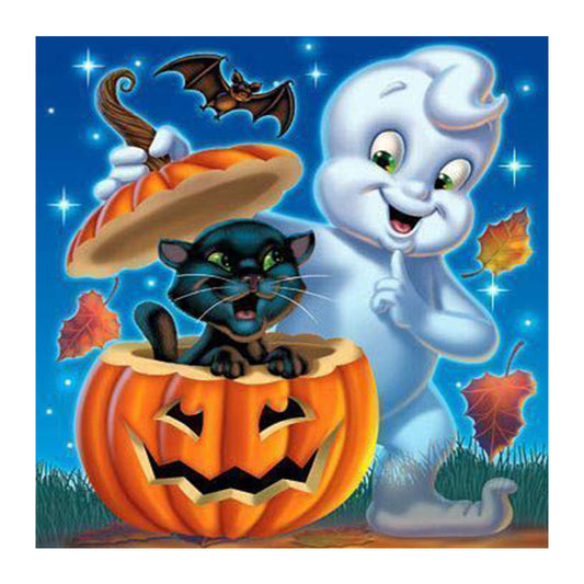 The Black Cat And The Ghost In The Pumpkin - Full Square Drill Diamond Painting 30*30CM