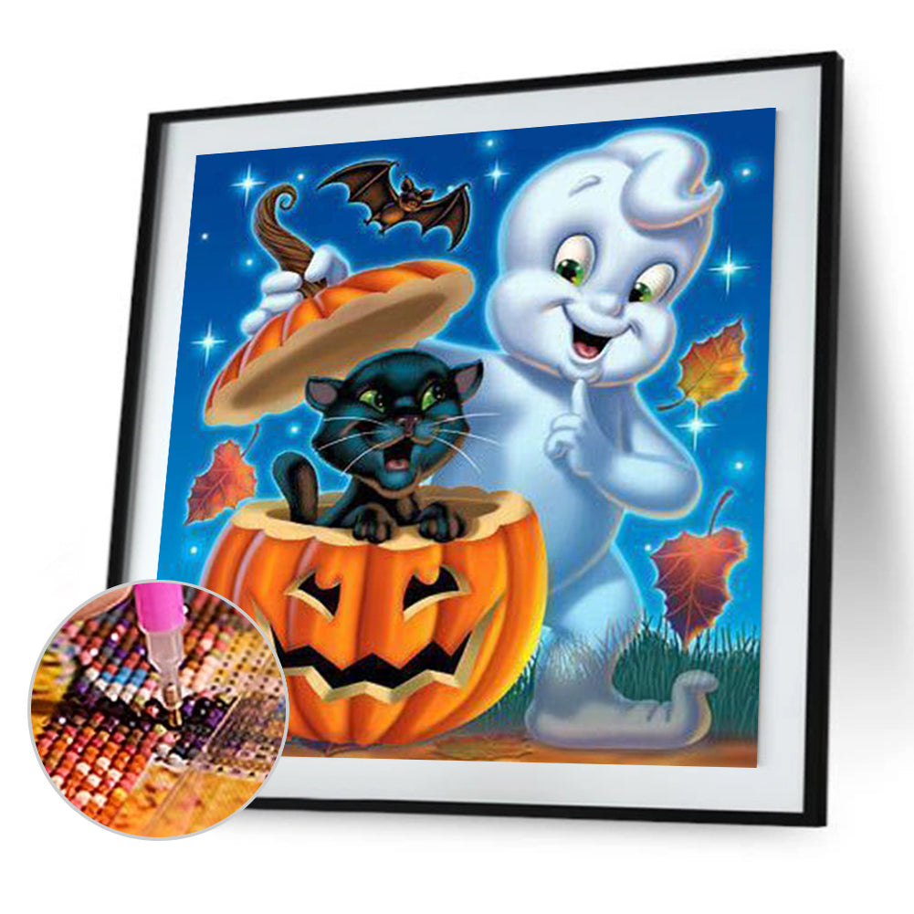 The Black Cat And The Ghost In The Pumpkin - Full Square Drill Diamond Painting 30*30CM