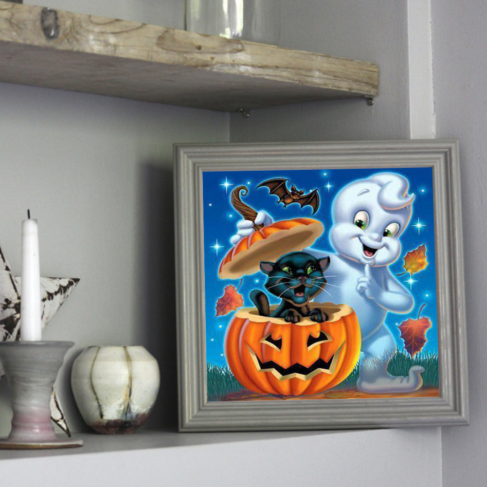 The Black Cat And The Ghost In The Pumpkin - Full Square Drill Diamond Painting 30*30CM